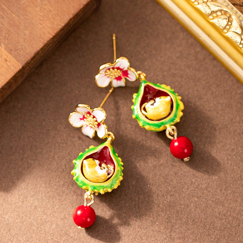 Charming Hand-Painted Enamel Squirrel Floral Earrings For Women