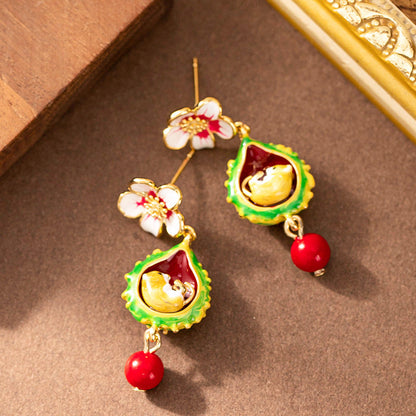 Charming Hand-Painted Enamel Squirrel Floral Earrings For Women