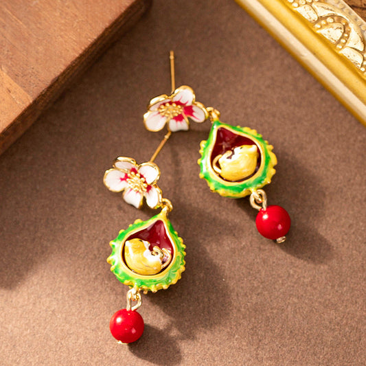 Charming Hand-Painted Enamel Squirrel Floral Earrings For Women
