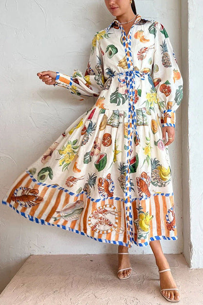 New Autumn Single-Breasted Graffiti Printed Lace Waist Dress