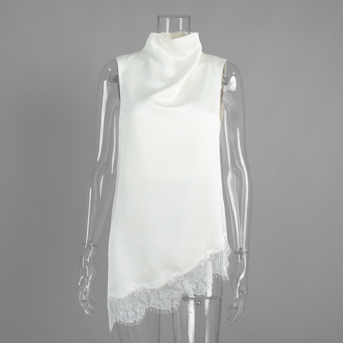 Lace Trim High Neck Sleeveless Top Elegant Satin Blouse