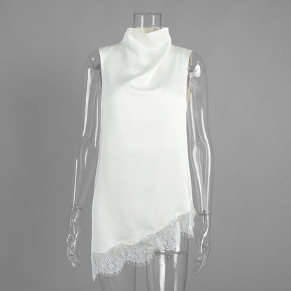 Lace Trim High Neck Sleeveless Top Elegant Satin Blouse