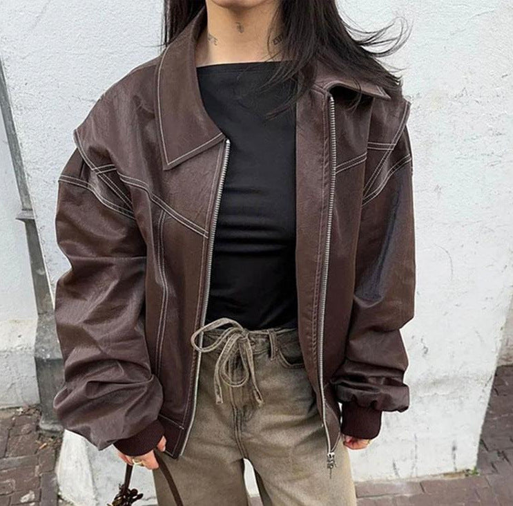 Vintage Splicing Lapel Leather Oversize Jacket