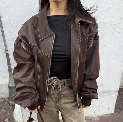 Vintage Splicing Lapel Leather Oversize Jacket