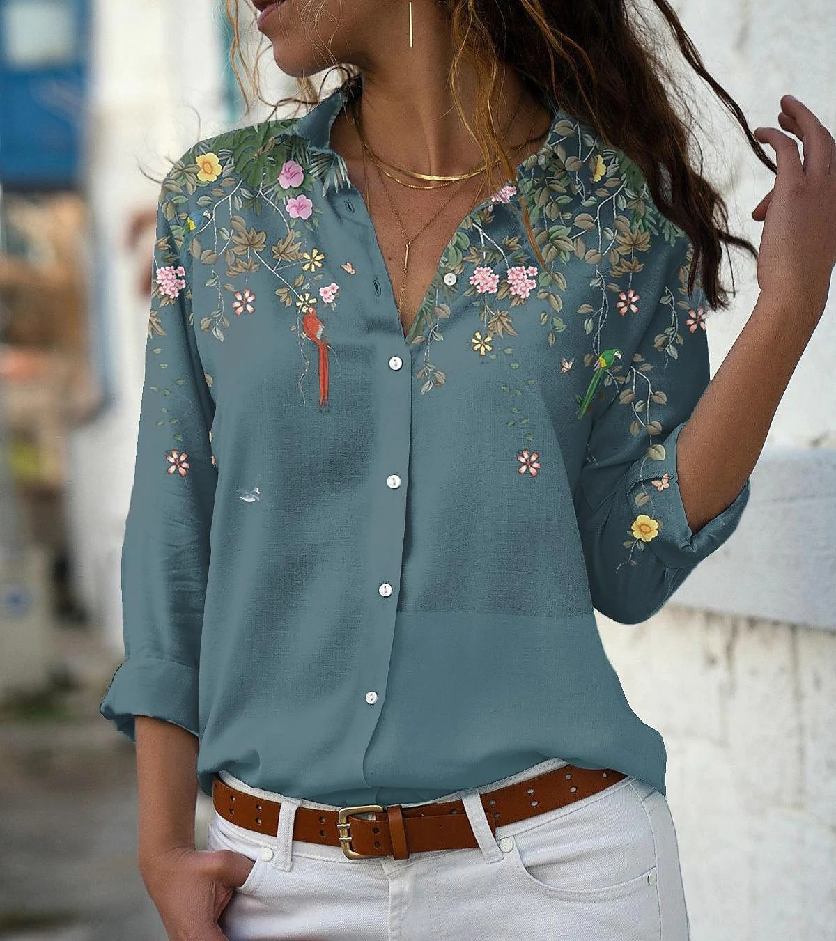 Spot Women'S Loose Collar Long Sleeved Single Breasted Shirt Temperament Lady Printed Top
