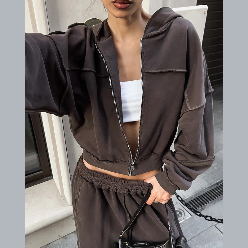 Hooded Long Sleeve Zip-Up Jacket And Loose Trousers Set