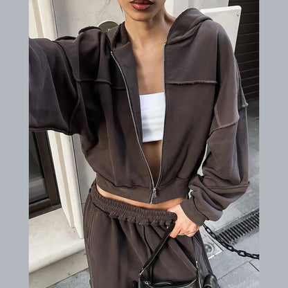 Hooded Long Sleeve Zip-Up Jacket And Loose Trousers Set