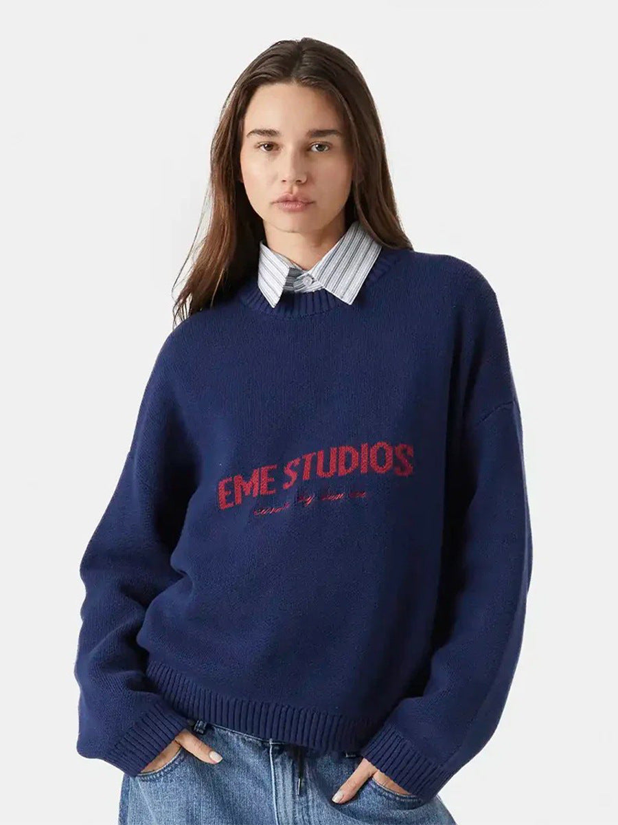 Letter Pattern Knitted Sweatshirt Casual Pullover for Women