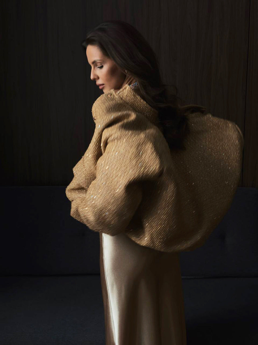 Sequin Detail Stand Collar Jacket Stylish Casual Outerwear