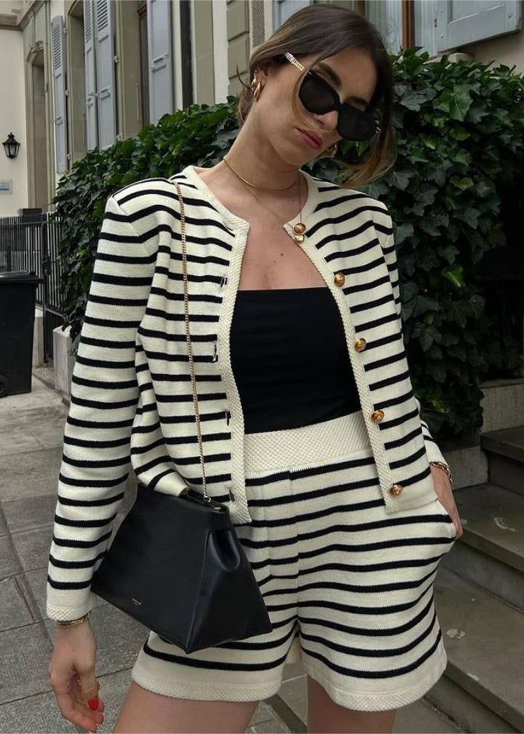 Striped Knit Cardigan And High Waisted Shorts Set