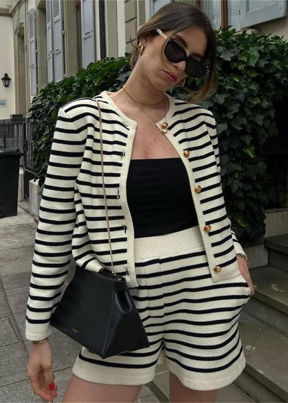 Striped Knit Cardigan And High Waisted Shorts Set