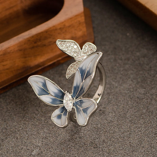 French-Inspired Adjustable Butterfly Open Ring With Zircon Stone