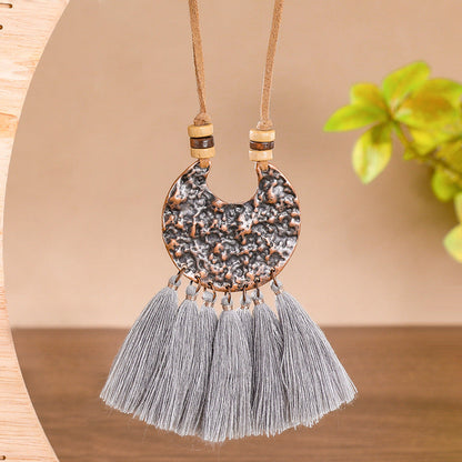 Bohemian Long Pendant Necklace with Tassels and Floral Design