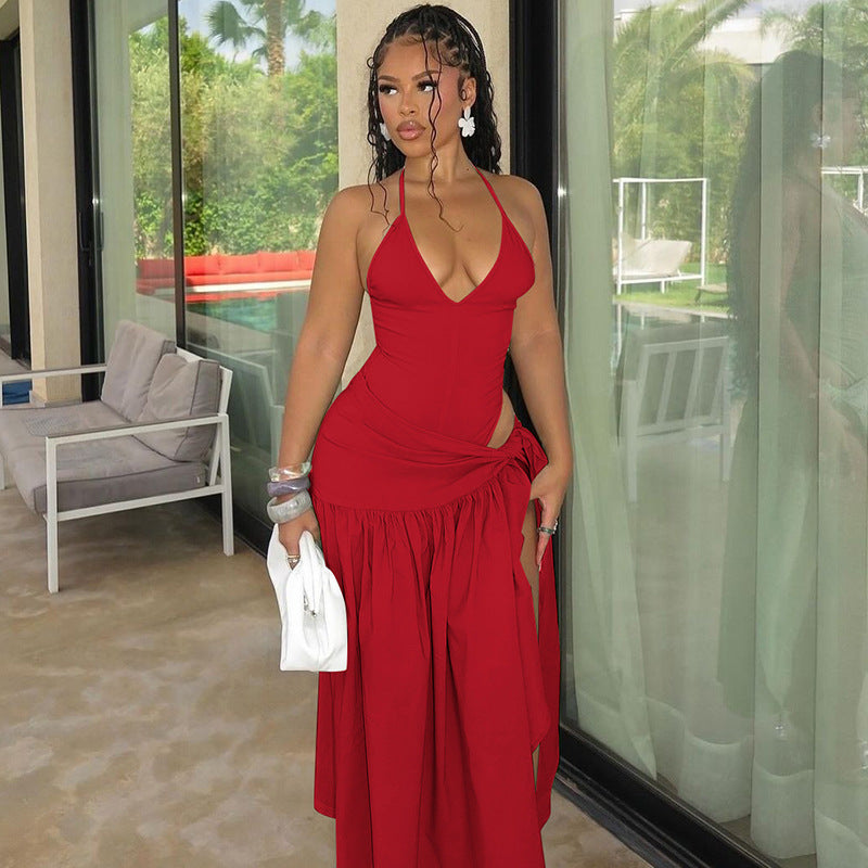 Sexy Backless Jumpsuit with Tie Waist Skirt Set