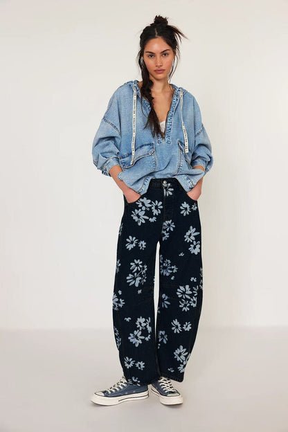 Casual Loose Mid-Rise Women's Denim Pants with Cartoon Patterns