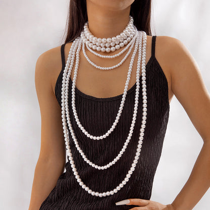 Fashionable Vintage Geometric Bead Necklace With Pearl Layered Design