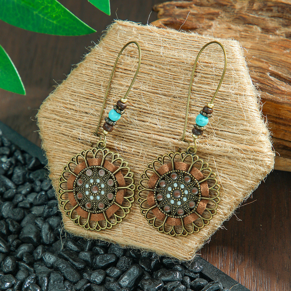 Bohemian Leaf Tassel Earrings Metal Leather Drop Dangle