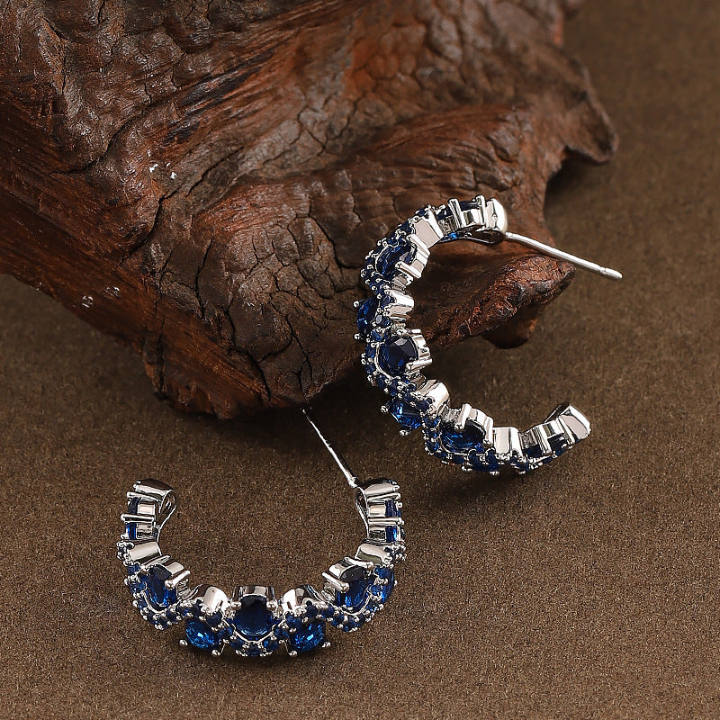 Sparkling Zirconia C-Shaped Hoop Earrings - Silver Needle, Elegant & Minimalist Design
