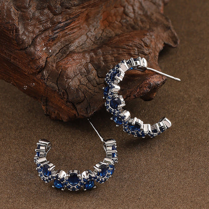 Sparkling Zirconia C-Shaped Hoop Earrings - Silver Needle, Elegant & Minimalist Design