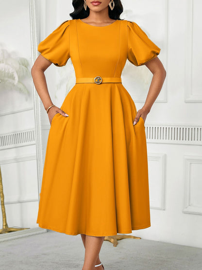 Elegant High-Waist A-Line Dress With Puff Sleeves