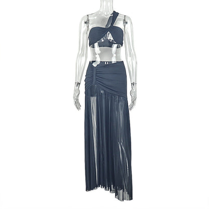 Solid Color Two-Piece Crop Top Skirt Set For Women