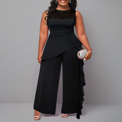 Plus Size Women'S Solid Color Lace Trim Wide Leg Jumpsuit