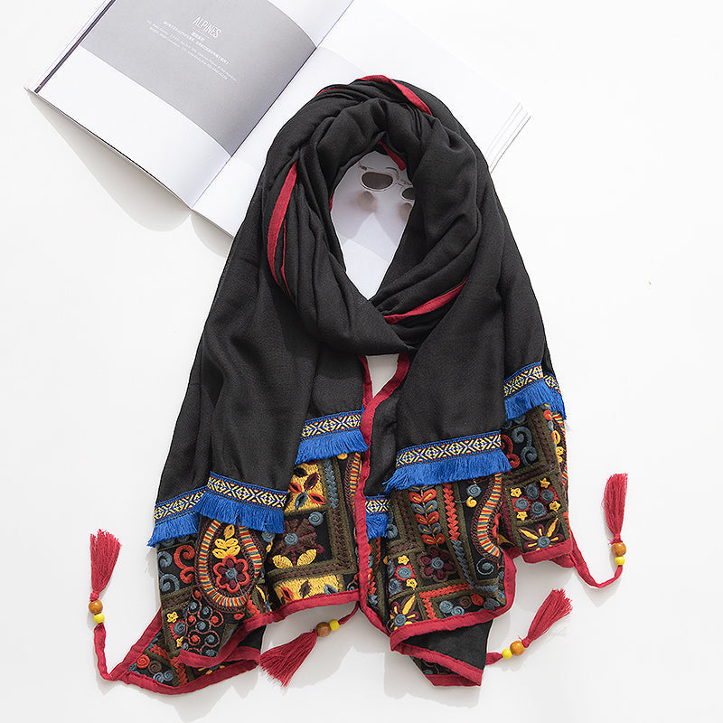 Ethnic Style Shawl Scarf Female Cotton Retro Embroidered Silk Scarf Spring And Autumn Versatile Embroidered Scarf