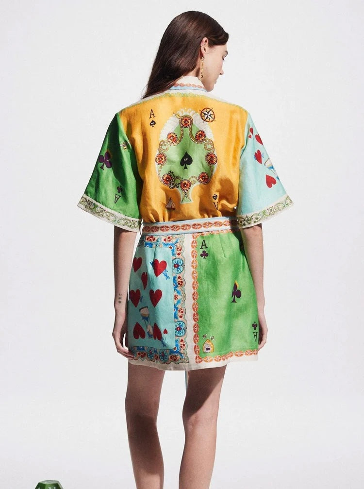 Casual Printed Linen Dress with Bell Sleeves