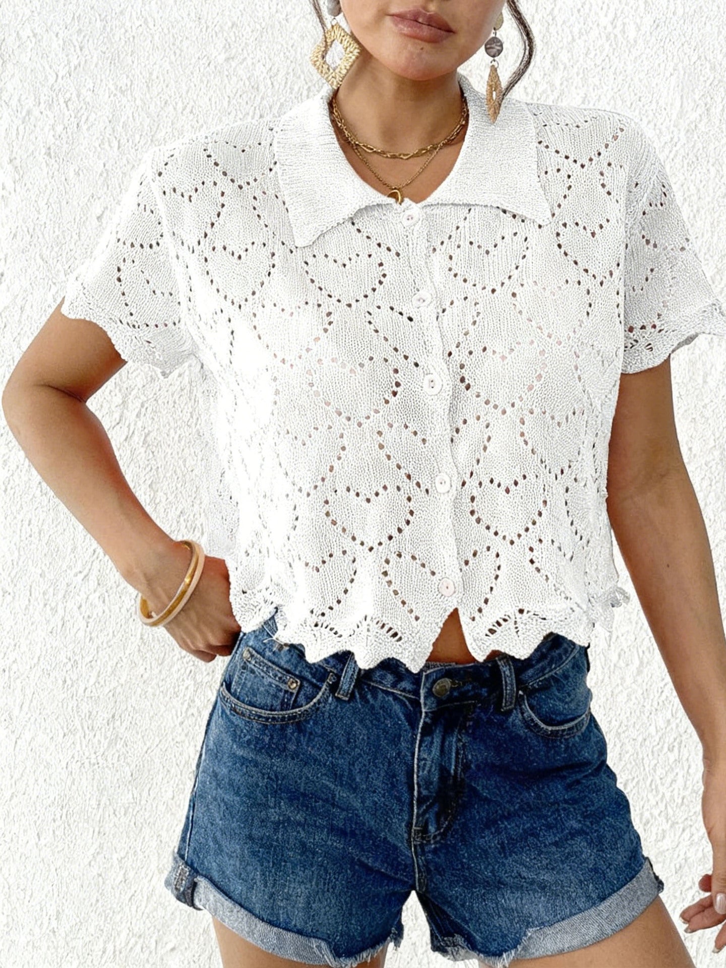 Women鈥檚 Casual Cardigan Lace Knit Heart Pattern Beach Top