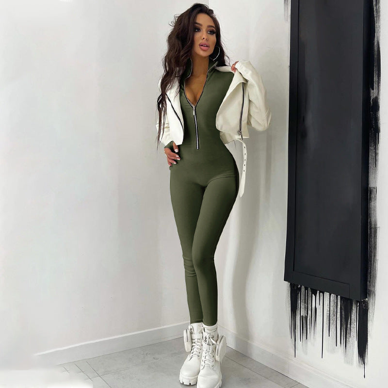 Casual Zipper Neck Long Sleeve Bodysuit High Stretch Slim Fit