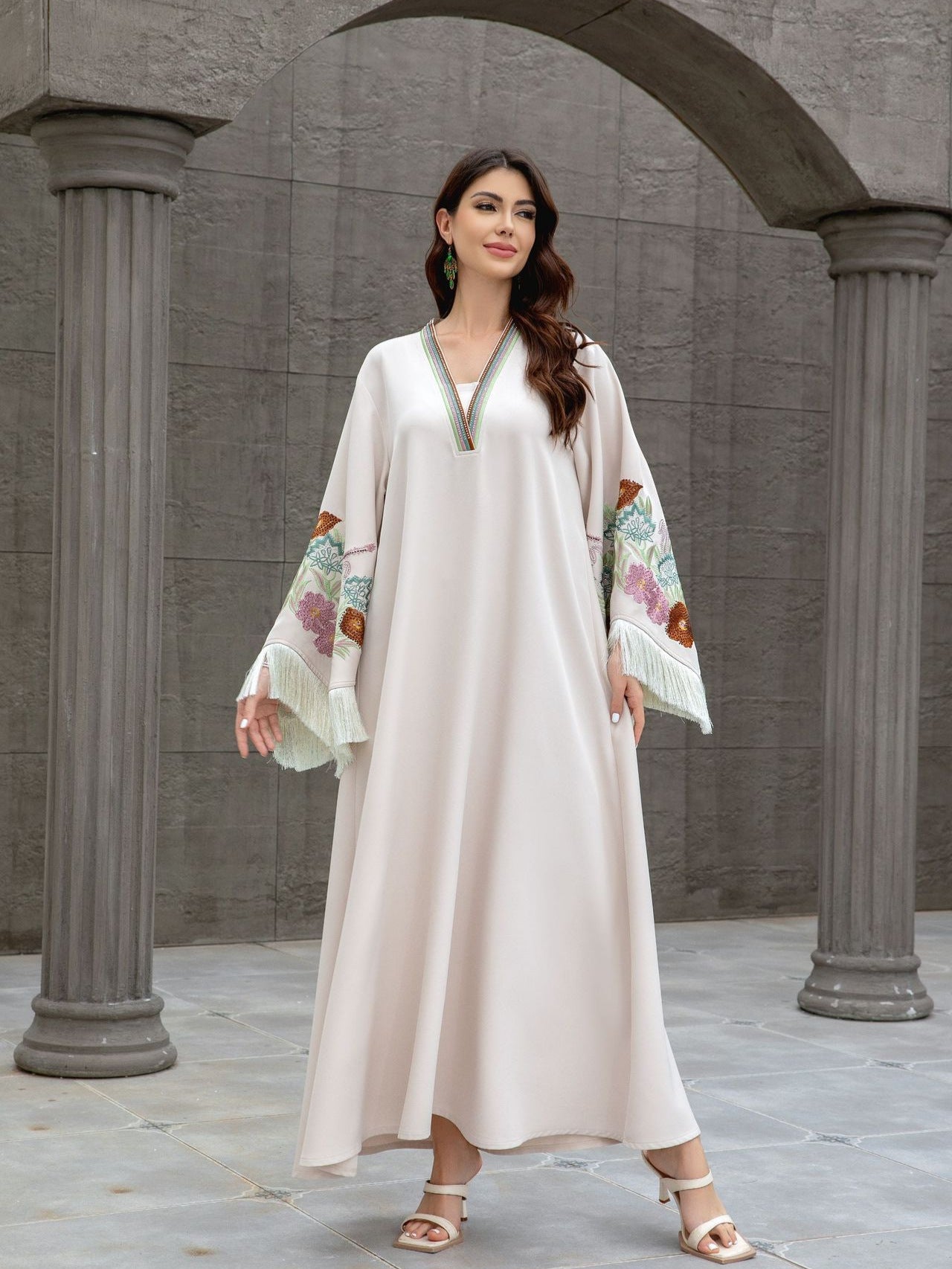 Embroidered Tassel V-Neck Abaya Dress for Women