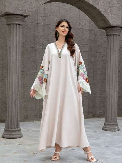 Embroidered Tassel V-Neck Abaya Dress for Women