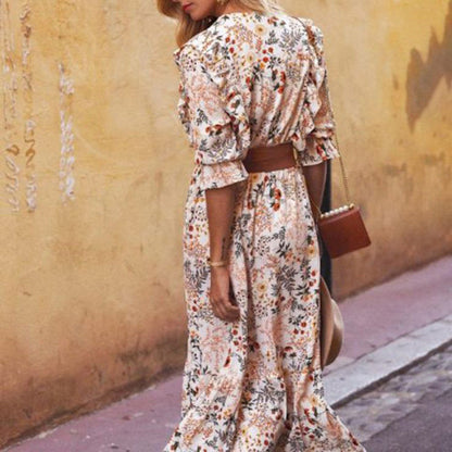 Women'S Stylish Long V-Neck Mid-Sleeve Floral Dress