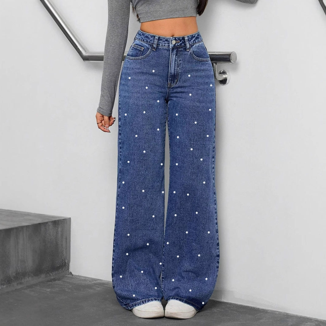 Casual Pearl High Waist Baggy Denim Pants