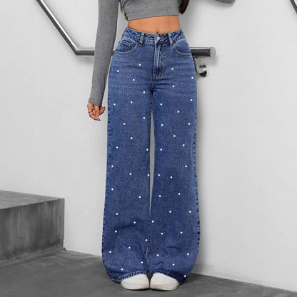Casual Pearl High Waist Baggy Denim Pants