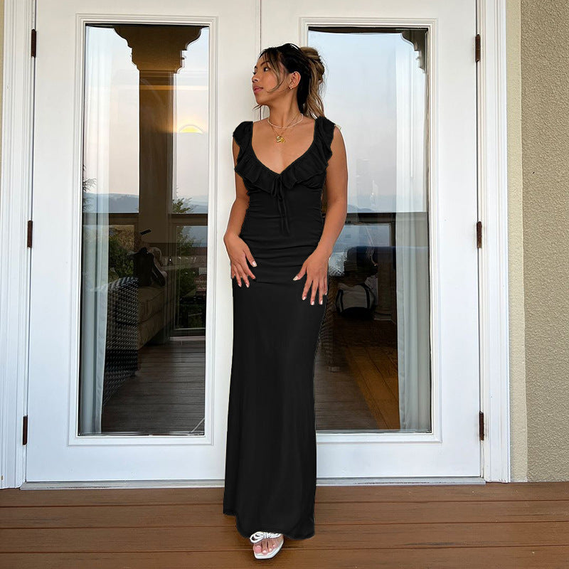 Sleeveless Ruffle Bodycon Dress V-Neck Elegant Summer Dress