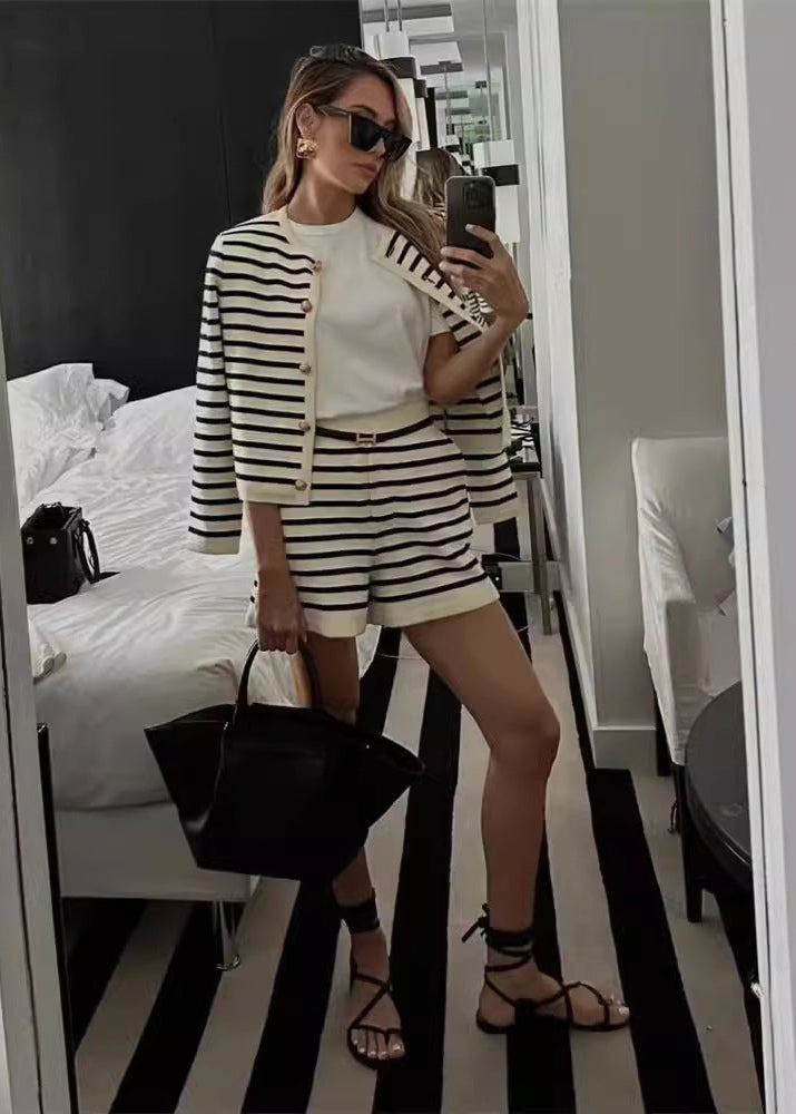 Striped Knit Cardigan And High Waisted Shorts Set