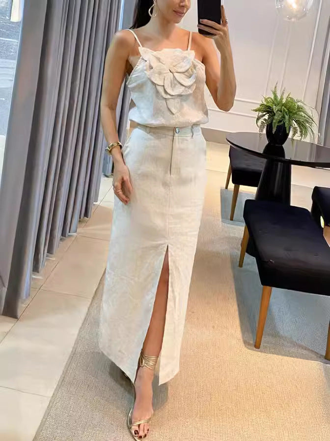 3D Floral Sleeveless Top and Midi Skirt Cotton-Linen Set