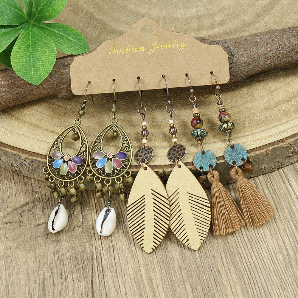 Bohemian Vintage Tassel Earrings Set - 3 Pairs Alloy Leather Dangle