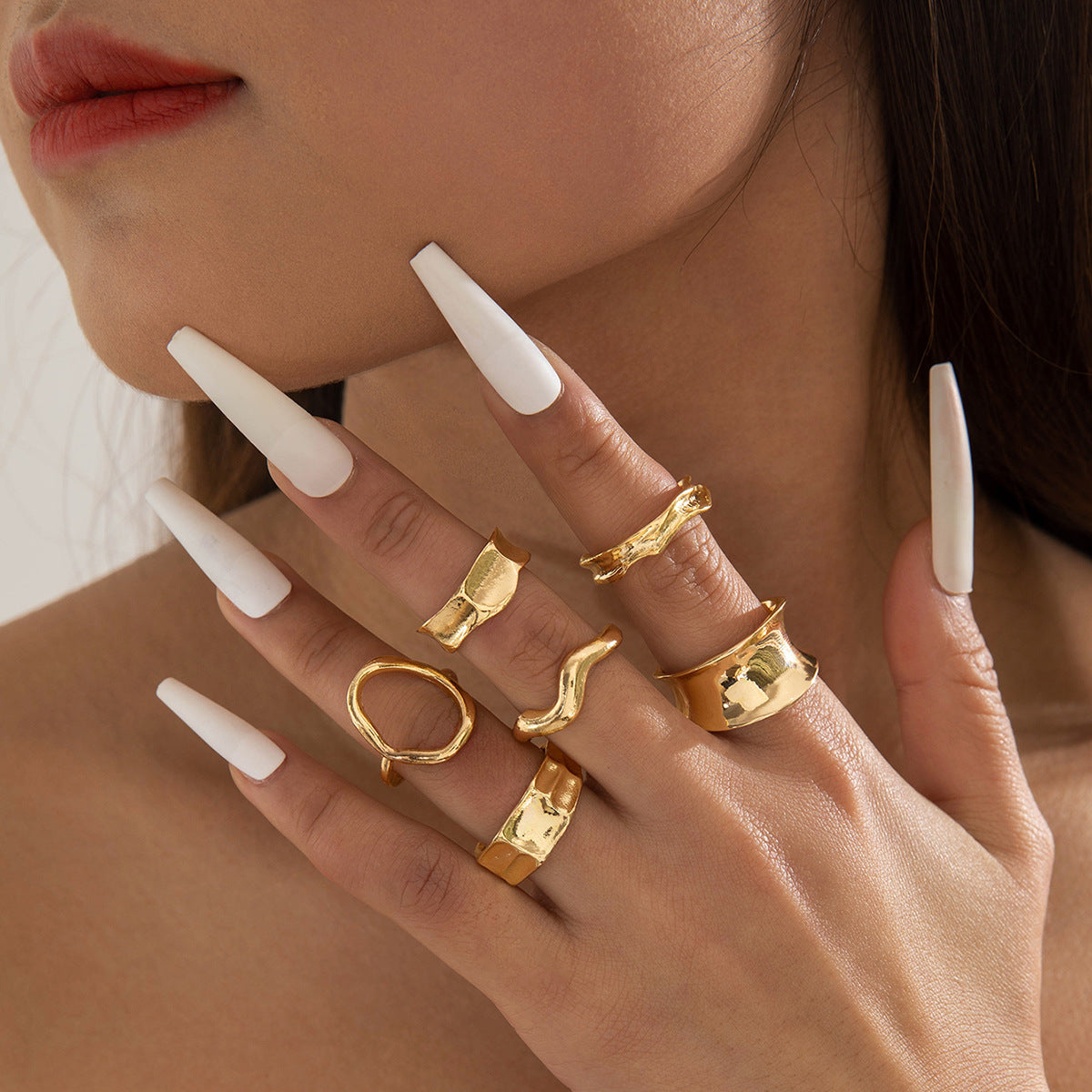 Elegant Irregular Geo Cutout Arc Ring Set - 4 Pieces