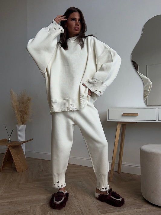 Ripped Sweater Set Women's Casual Knit Pants And Round Neck Sweater