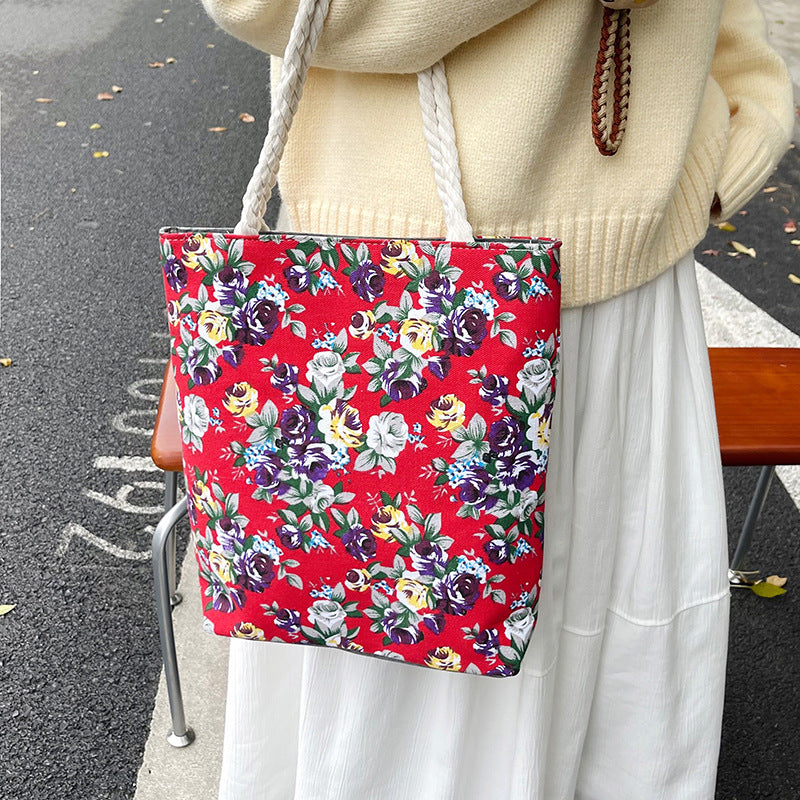 Trendy Floral Canvas Tote Bag Stylish Shoulder Bag