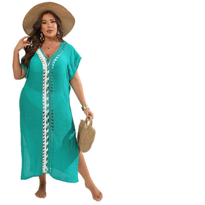 Vacation Beach Tunic Color Block Deep V Cut-Out Dress