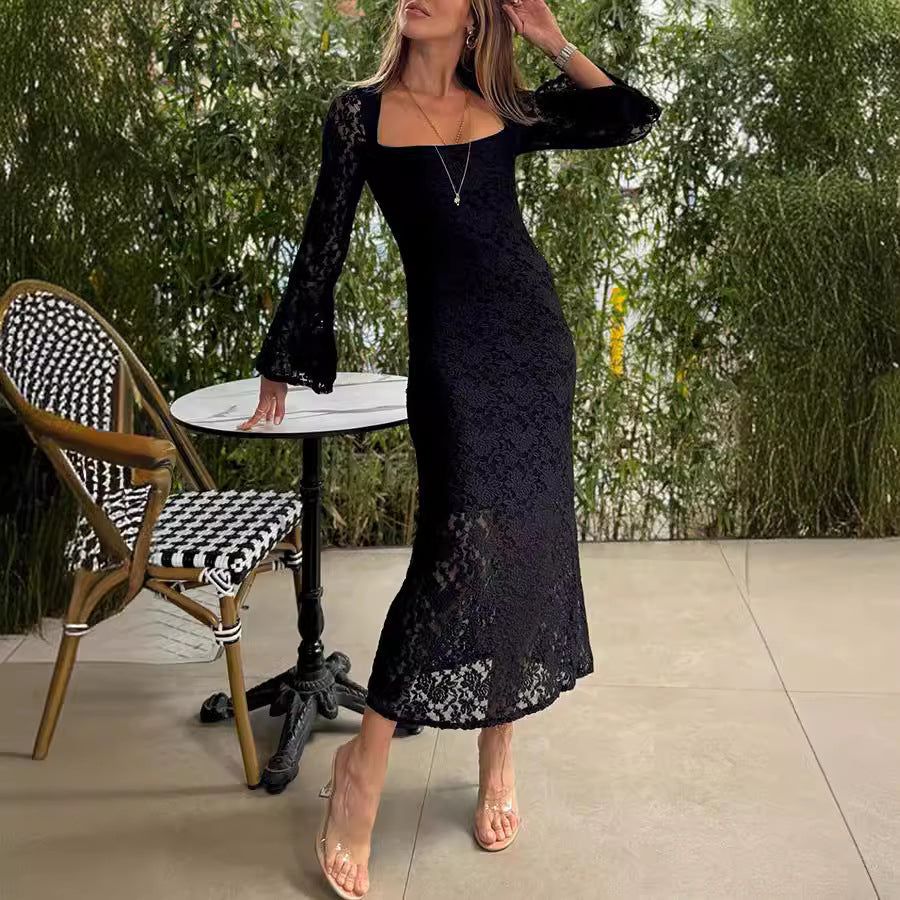 Elegant Lace Split Maxi Dress with Flared Sleeves