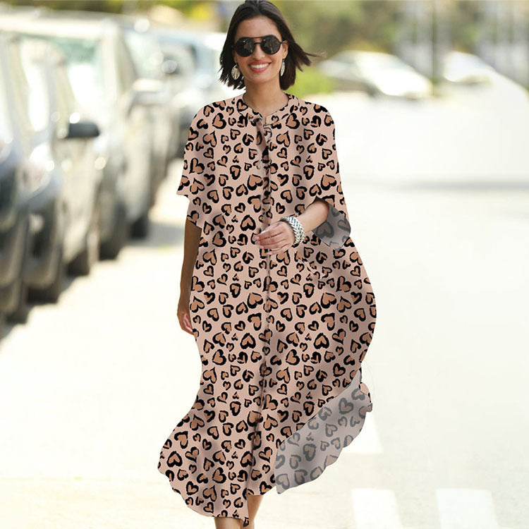 Four-Sided Elastic-Printed Beach Blouse Loose Pocket Single-Breasted Vacation Dress
