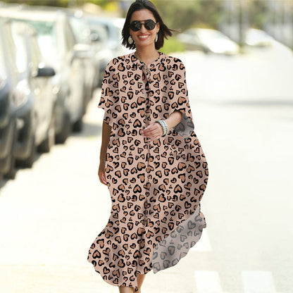 Four-Sided Elastic-Printed Beach Blouse Loose Pocket Single-Breasted Vacation Dress