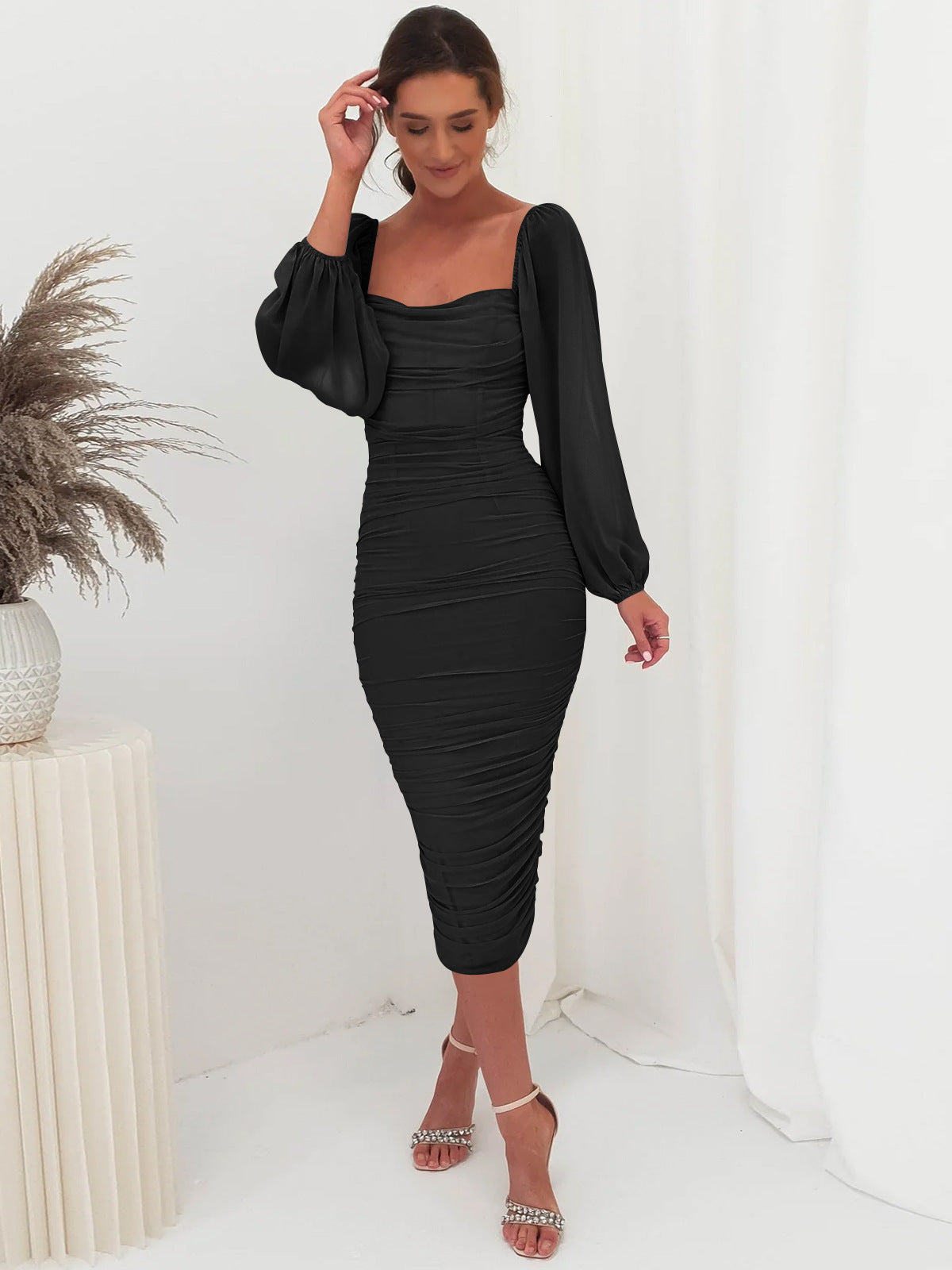 Lace Panel Maxi Dress Elegant Square Neck High Split Cocktail Dress