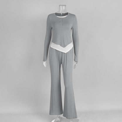 Casual Color-Blocked Pajama Set with Long Pants