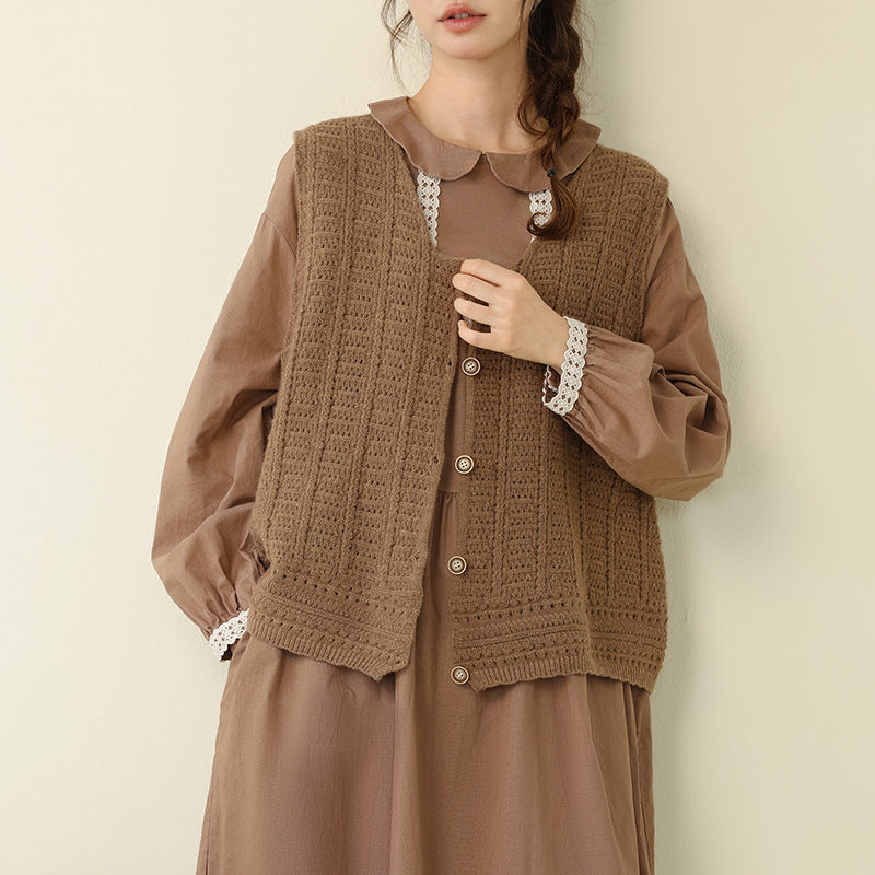 Casual Vintage Round Neck Knitted Vest with Crochet Details