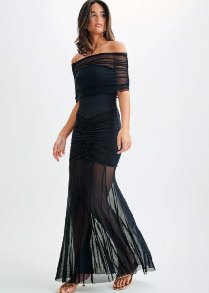 Sheer Mesh Off Shoulder Gown With Ruched Detailing